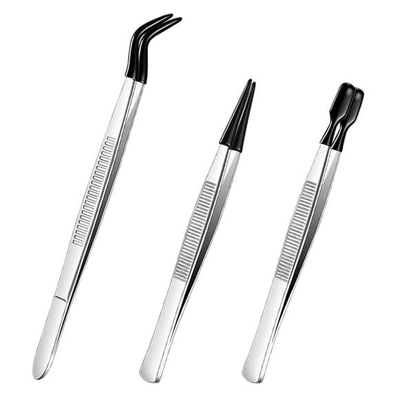3 Pieces Tweezers with Silicone Tips Coated Set, Flat, Bent and Pointed Tip, Multi-Use Durable Tweezer Precision Tweezer for Crafts Jewelry Making Sewing Plastic Sticker Modelling(Black,6x1")