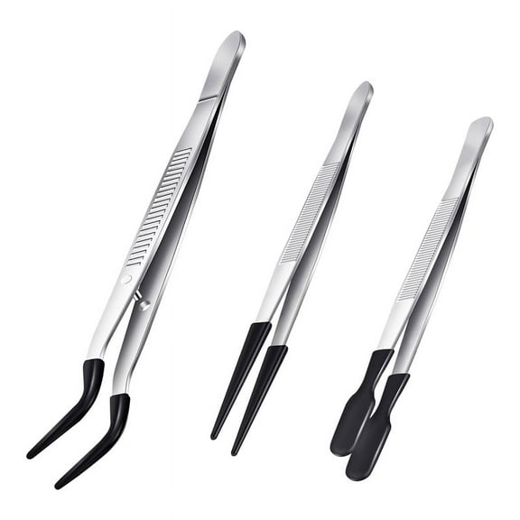 3 Pieces Tweezers with Rubber Tips Coated Set, Straight and Flat Tip Black