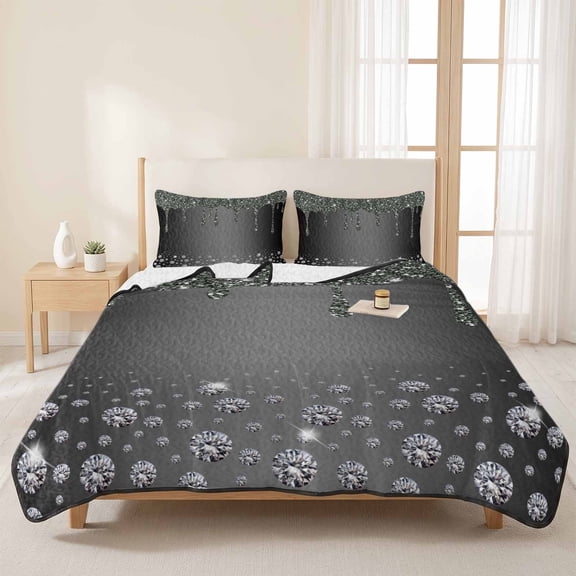 3 Pieces Twin Quilt Set,Abstract Shining Diamond Soft Bedding Sets with 1 Quilt & 2 Pillow Shams,Stones on Gradient Black Background Summer Bedspread Lightweight Coverlet Comforter for All Season