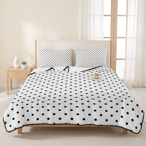 3 Pieces Twin Quilt Set,Black Polka Dot on White Soft Bedding Sets with 1 Quilt & 2 Pillow Shams,Modern Minimalist Dotted Summer Bedspread Lightweight Coverlet Comforter for All Season