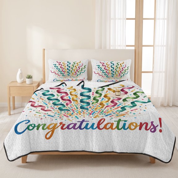 3 Pieces Twin Quilt Set,Celebration Colorful Ribbons Soft Bedding Sets with 1 Quilt & 2 Pillow Shams,Joyful Congratulations Text Summer Bedspread Lightweight Coverlet Comforter for All Season