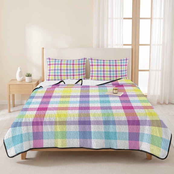 3 Pieces Twin Quilt Set,Happy Easter Day Colorful Buffalo Lattice Soft Bedding Sets with 1 Quilt & 2 Pillow Shams,Spring Plaid Summer Bedspread Lightweight Coverlet Comforter for All Season