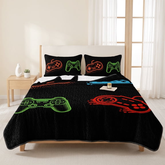 3 Pieces Twin Quilt Set,Modern Game Controller on Black Soft Bedding Sets with 1 Quilt & 2 Pillow Shams,Abstract Gamer Pad Sketch Summer Bedspread Lightweight Coverlet Comforter for All Season