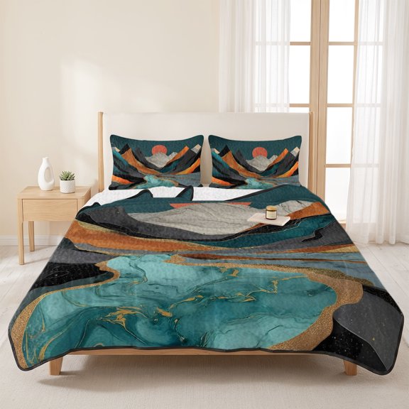 3 Pieces Twin Quilt Set,Mountain Peaks Abstract Geometric Soft Bedding Sets with 1 Quilt & 2 Pillow Shams,Vintage Boho Art Summer Bedspread Lightweight Coverlet Comforter for All Season