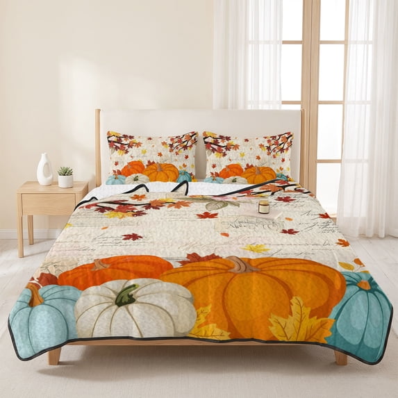 3 Pieces Twin Quilt Set,Thanksgiving Pumpkin Maple Leaves Soft Bedding ...
