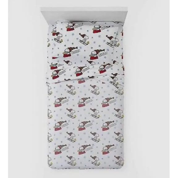 3 Pieces Twin Snoopy Peanuts Sledding All The Way Flannel Sheet Set