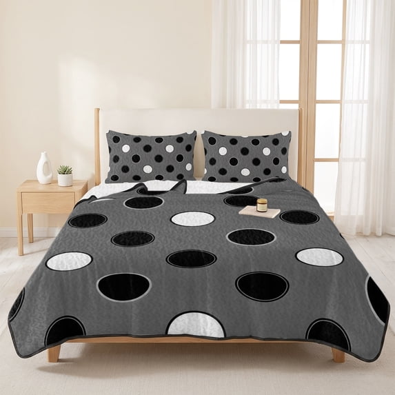3 Pieces Twin XL Quilt Set,Black and White Polka Dots Gray Soft Bedding Sets with 1 Quilt & 2 Pillow Shams,Modern Minimalist Style Summer Bedspread Lightweight Coverlet Comforter for All Season