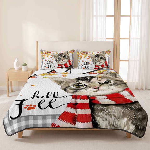 3 Pieces Twin XL Quilt Set,Cute Pet Cat Soft Bedding Sets with 1 Quilt & 2 Pillow Shams,Autumn Maple Leaves on Gray Plaid Summer Bedspread Lightweight Coverlet Comforter for All Season