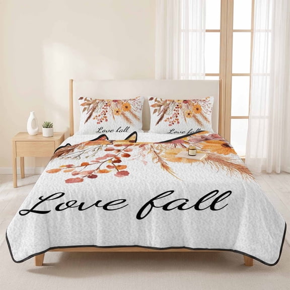 3 Pieces Twin XL Quilt Set,Fall Watercolor Farm Flowers Reed Soft Bedding Sets with 1 Quilt & 2 Pillow Shams,Leaves Pine Cones White Summer Bedspread Lightweight Coverlet Comforter for All Season