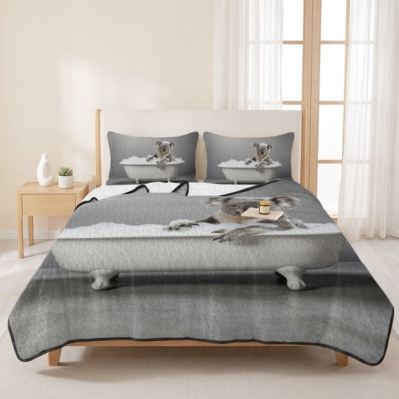 3 Pieces Twin XL Quilt Set,Funny Koala Bathtub Soft Bedding Sets with 1 Quilt & 2 Pillow Shams,Gray Art Summer Bedspread Lightweight Coverlet Comforter