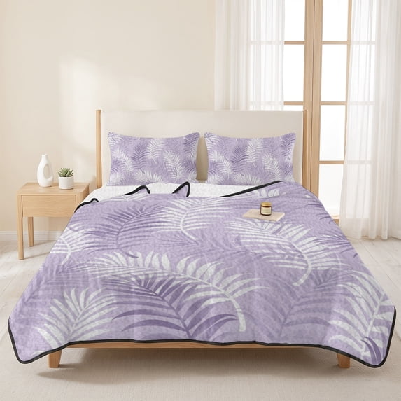 3 Pieces Twin XL Quilt Set,Tropical Palm Leaves Soft Bedding Sets with 1 Quilt & 2 Pillow Shams,Dreamy Purple Background Summer Bedspread Lightweight Coverlet Comforter for All Season