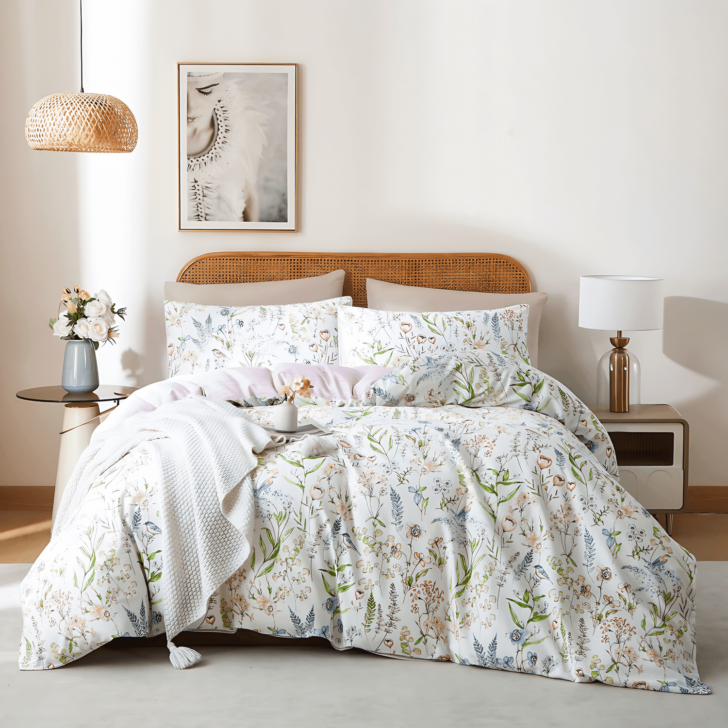 3 Pieces Ultra Soft Pink Flowers Birds Floral Duvet Cover 100% Cotton Bedding Set Comfy Durable Farmhouse Duvet Cover Set Queen Size