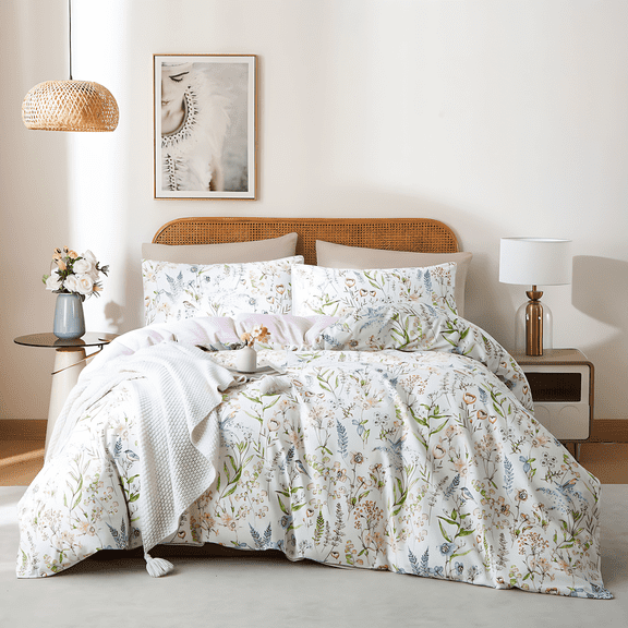 3 Pieces Ultra Soft Pink Flowers Birds Floral Duvet Cover 100% Cotton Bedding Set Comfy Durable Farmhouse Duvet Cover Set Queen Size