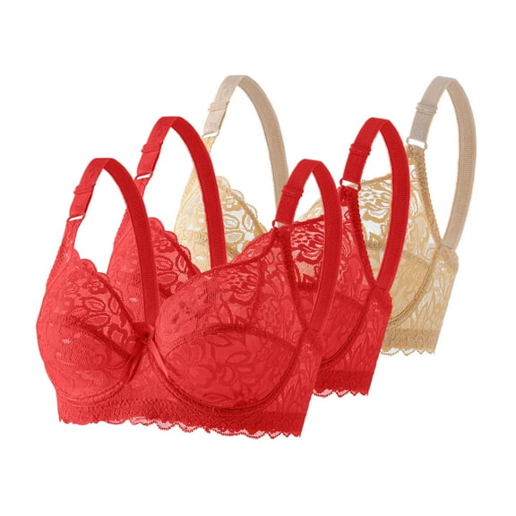 3 Pieces Underwire Bras for Women Plus Size Comfortable Breathable Full Coverage Push up Support Lace Everyday Bras (44, Beige,2*Red)
