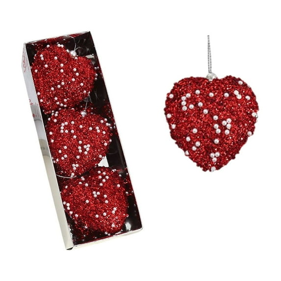 3 Pieces Valentine's Day Heart Baubles Ornaments Heart Shaped Hanging Decoration Glitter Heart Shaped Baubles for Valentine's Day Decoration Christmas Valentines Tree Hanging Decorations