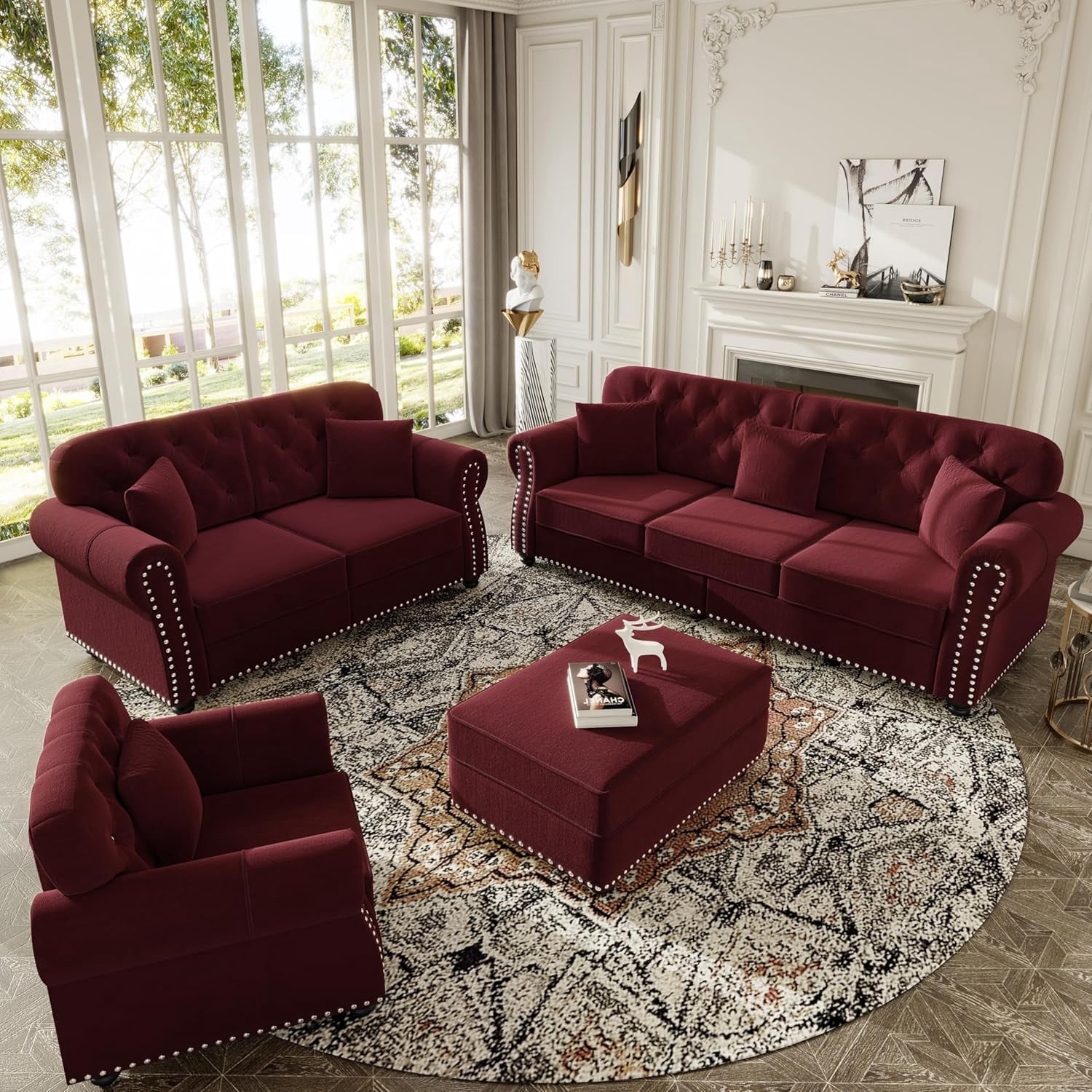 3 Pieces Velvet Chesterfield Sofa Sets, Modular Sectional Couch with Ottoman, Comfy Sofas for Living Room, L Shaped Couches, Accent Chair&Loveseat&3-Seat, 6 Pillows for Apartment, Wine Red