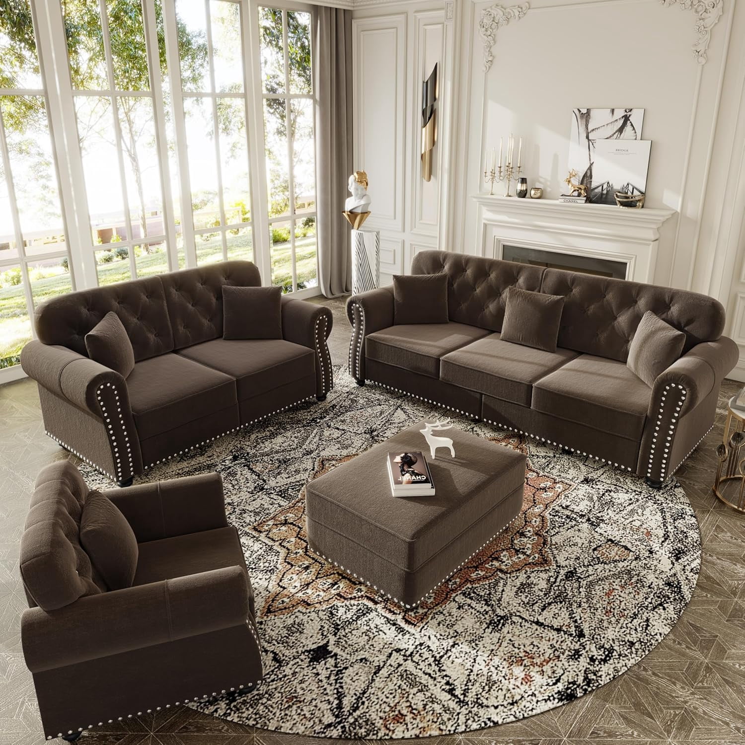 3 Pieces Velvet Chesterfield Sofa Sets, Modular Sectional Couch with Ottoman, Comfy Sofas for Living Room, L Shaped Couches, Accent Chair&Loveseat&3-Seat, 6 Pillows for Apartment, Brown