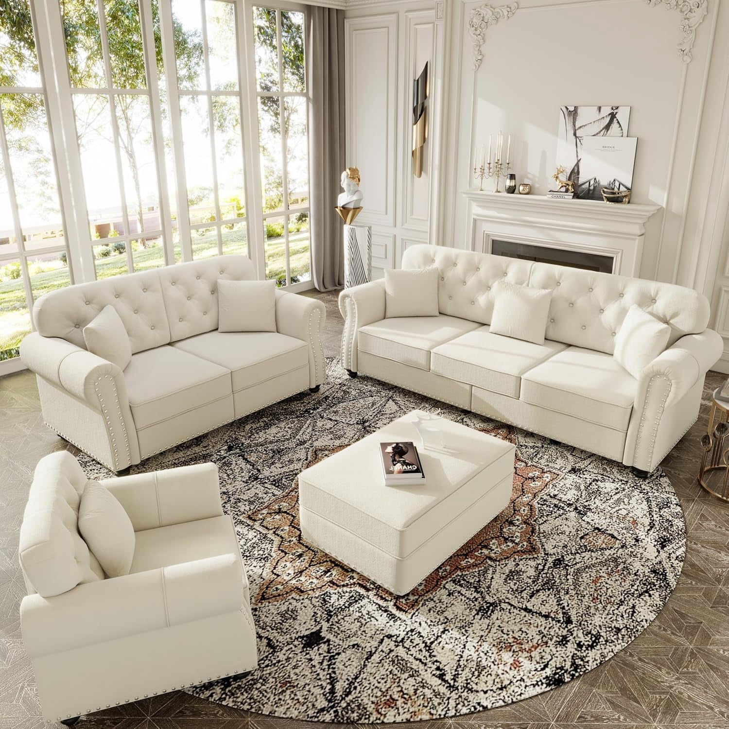 3 Pieces Velvet Chesterfield Sofa Sets, Modular Sectional Couch with Ottoman, Comfy Sofas for Living Room, L Shaped Couches, Accent Chair&Loveseat&3-Seat, 6 Pillows for Apartment, Beige