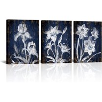 3 Pieces Vintage Flower Canvas Wall Art Navy Blue Painting Prints Framed Ready to Hang 12"x16"x3pcs (Blue)