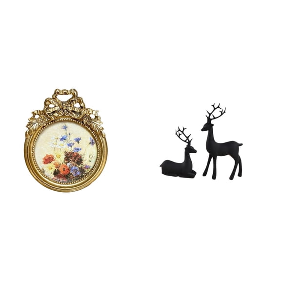 3 Pieces Vintage Golden Picture Frame Black Deer Statue Resin Construction for Wall Bookshelf Study Office Decor