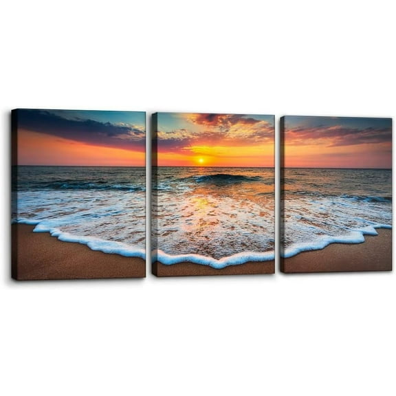 3 Pieces Wall Art Decor Beach Canvas Print Picture Sunrise Ocean Waves Scenery Painting Artwork for Office Wall Decor Home Decoration Stretched and Framed Ready to Hang - 12" x 16" x 3