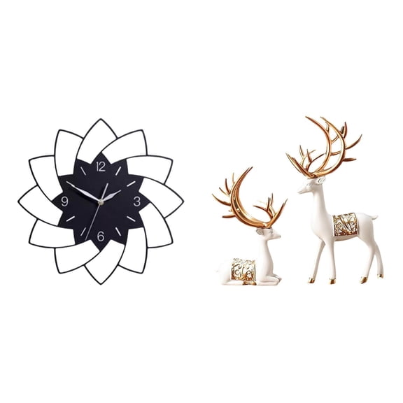 3 Pieces Wall Clock Deer Sculpture Reindeer Statue Quiet Non Ticking for Living Room Bedroom Wall Decor