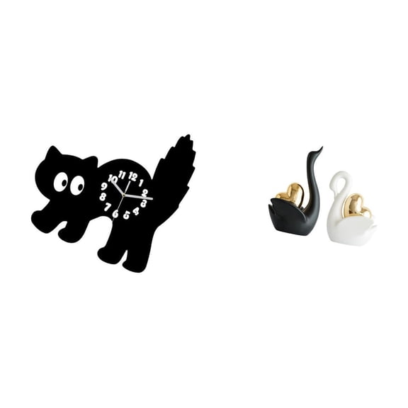 3 Pieces Wall Clock Swan Figurines Animals Sculpture Acrylic and Ceramic Decorative Set for Bedroom Living Room Kitchen