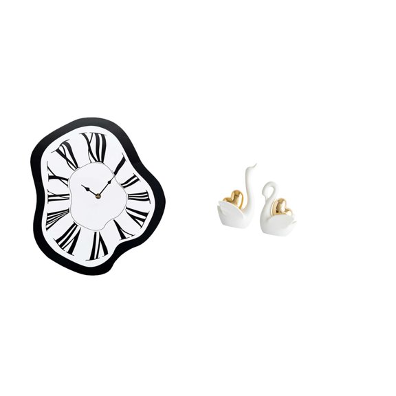 3 Pieces Wall Clock Swan Statue Distorted Clock Acrylic Ceramic Material for Home Office Decor Display Cabinet