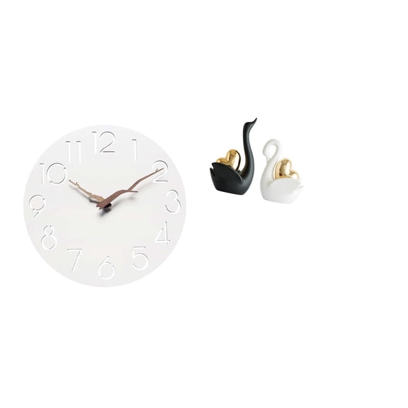 3 Pieces Wall Clock Swan Statue Tabletop Sculpture Silent Ceramic Material for Home Office Decor