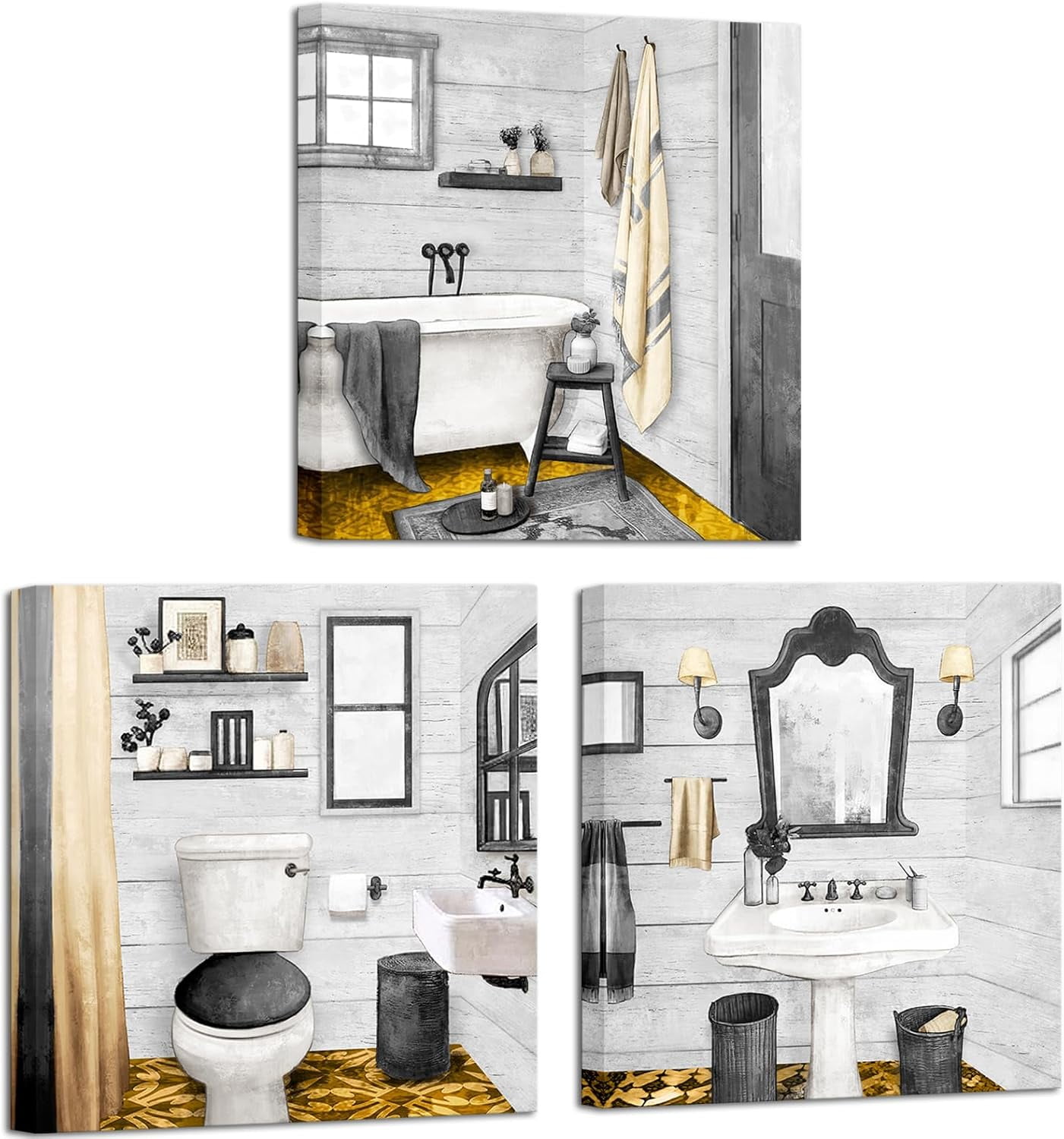 3 Pieces Wall art Grey Bathroom Hang Wall Decor Bath Tub Toilet Sink ...