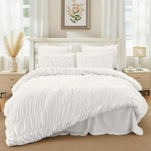 3 Pieces White Ruched Duvet Cover Set Bed Set Boho Shabby Chic Bedding Set for Bedroom Soft Fluffy Ruffle Queen Comforter Cover Set with Pillowcases