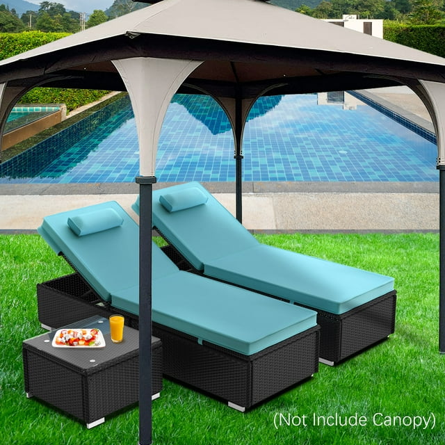 3 Pieces Wicker Chaise Lounge Furniture Set with Table & Cushions, SEGMART Outdoor Poolside Rattan Wicker Pool Chaise Lounge Chairs 2 Pillows for Backyard Deck Porch Garden, 330lbs, S1551