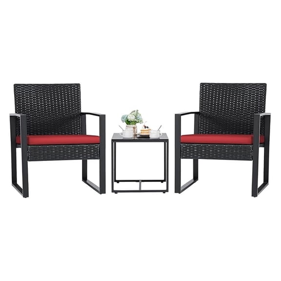 3 Pieces Wicker Patio Furniture Outdoor Modern Rattan Chair Conversation Sets with Coffee Table for Yard and Bistro (Red)