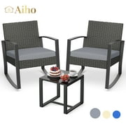 3 Pieces Wicker Patio Set Outdoor Chair Set with Glass Table Rattan Chair Modern Bistro Set for Porches and Patios, Grey Cushion