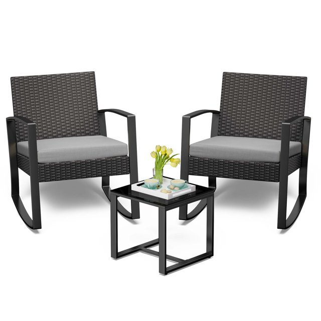 3 Pieces Wicker Patio Set Outdoor Chair Set with Glass Table Rattan