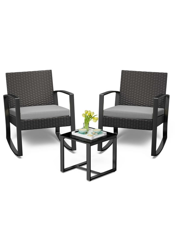 3 Pieces Wicker Patio Set Outdoor Chair Set with Glass Table Rattan Chair Modern Bistro Set for Porches and Patios, Grey Cushion