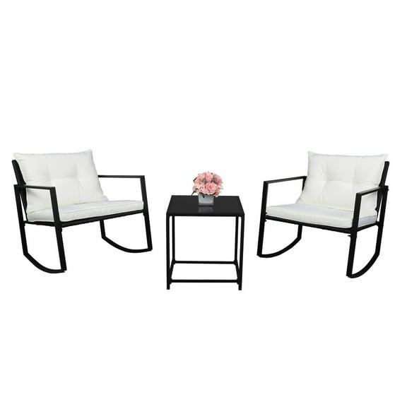 3 Pieces Wicker Patio Set, Outdoor Rocking Chair Set with 2 Chairs and Beige Cushion, Balcony Porch Backyard Table and Chairs Set