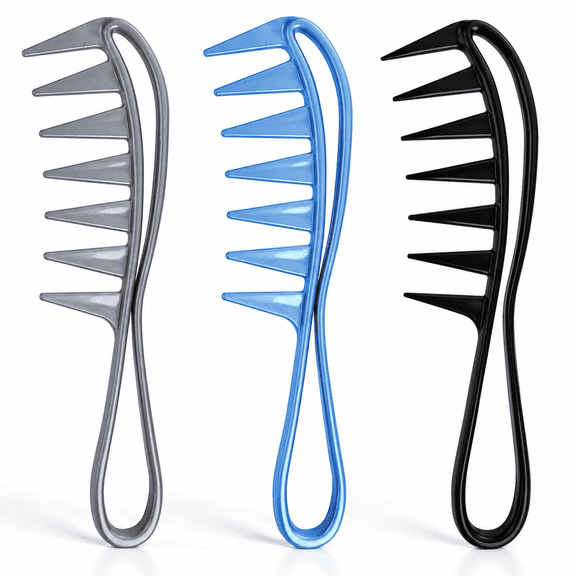 3 Pieces Wide Tooth Combs for Curly Wet Thick Hair Wigs Black Silver Blue