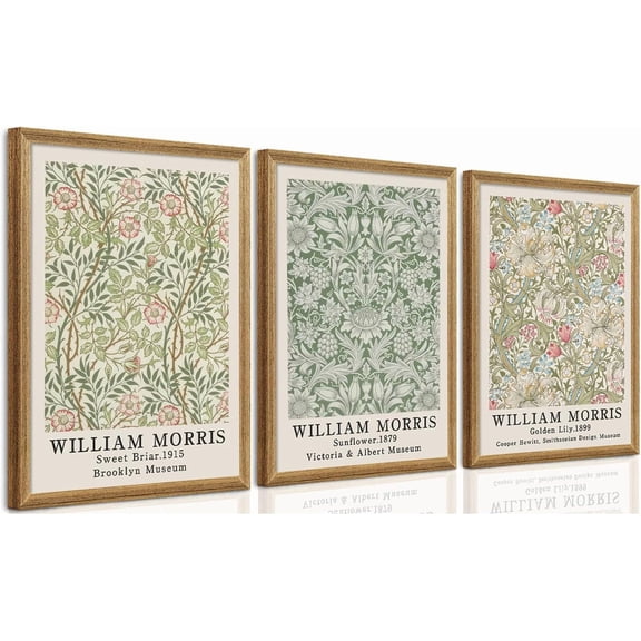3 Pieces William Morris Textured Canvas Wall Art, Pink Beige and Sage Green Neutral Botanical Designs Wall Decor, Vintage Floral Art Prints for Living Room Bedroom Offices 12x16 Wood Frames