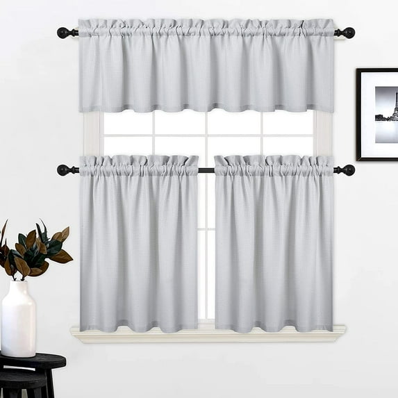 3 Pieces Window Curtains and Valance Set, Rod Pocket Waffle Woven Textured Short Window Curtain