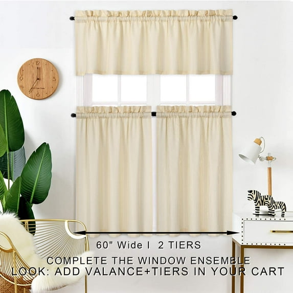 3 Pieces Window Curtains and Valance Set, Rod Pocket Waffle Woven Textured Short Window Curtain