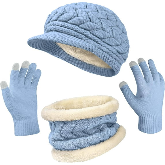 3-Pieces Winter Hat Gloves Scarf Set, Knit Warm Beanie Hat Neck Warmer Touch Screen Mittens for Women