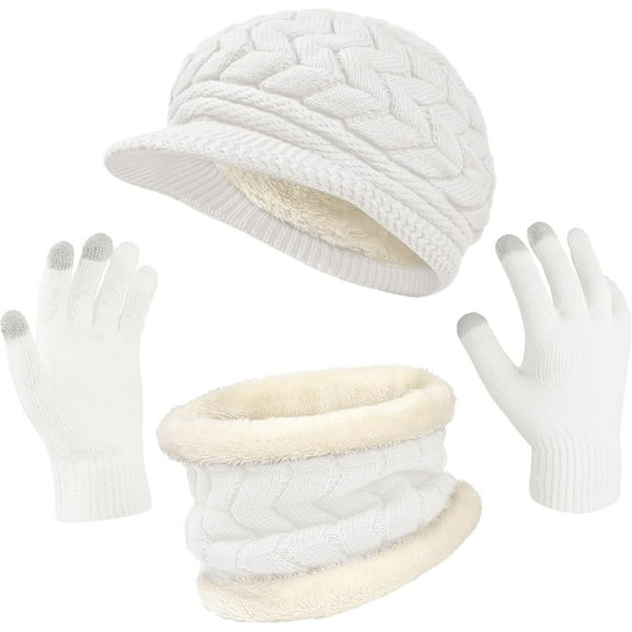 3-Pieces Winter Hat Gloves Scarf Set, Knit Warm Beanie Hat Neck Warmer Touch Screen Mittens for Women