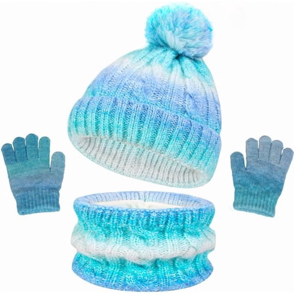 3 Pieces Winter Hat Scarf Glove Set for Kids,Fleece Lined Beanie with Pom Pom,Touchscreen Gloves Knit Scarf for Cold Weather