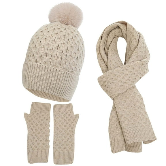 3 Pieces Winter Hats for Men Women Scarf Touch Screen Gloves Set Men's Winter Warm Plus Velvet Thick Hat Scarf Neck Solid Color Screen Gloves Three Piece Set Hat Beige