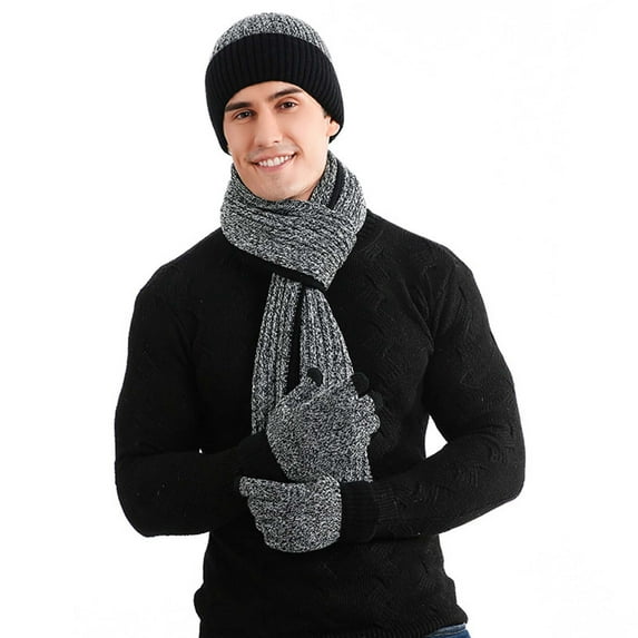 3 Pieces Winter Hats for Men Women Scarf Touch Screen Gloves Set Men's And Women's Same Style Winter Woolen Hat Set Color Blocked Knitted Hat Scarf Glove Black
