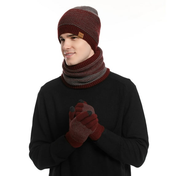 3 Pieces Winter Hats for Men Women Scarf Touch Screen Gloves Set Men's Fashion Casual Winter Keep Warm Patchwork Set Knitted Hat Scarf Glove Wine