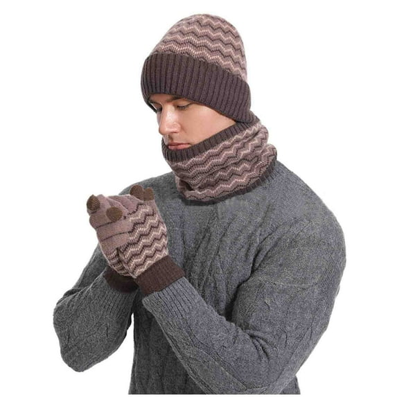3 Pieces Winter Hats for Men Women Scarf Touch Screen Gloves Set Men's Stripe Winter Woolen Hat Set Color Blocked Knitted Hat Scarf Glove Coffee