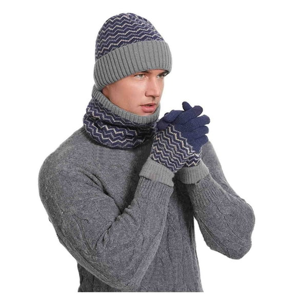 3 Pieces Winter Hats for Men Women Scarf Touch Screen Gloves Set Men's Stripe Winter Woolen Hat Set Color Blocked Knitted Hat Scarf Glove Navy