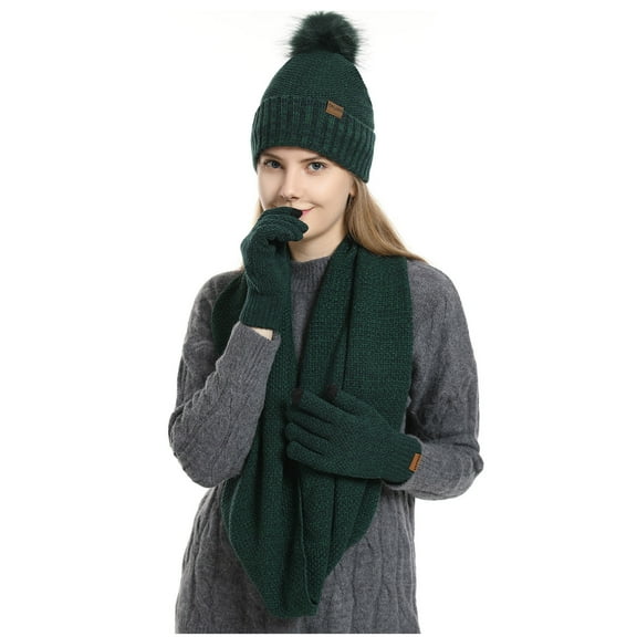 3 Pieces Winter Hats for Men Women Scarf Touch Screen Gloves Set Woman's Fashion Casual Winter Keep Warm Solid Set Knitted Hat Scarf Glove Green